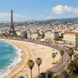 landscape of the beautiful city of paris rebuilt near the pacific ocean in sunny california, amazing weather, sandy beach, palm trees, splendid haussmann architecture, digital painting, highly detailed, intricate, without duplication, art by craig mullins, greg rutkwowski, concept art, matte painting, trending on artstation