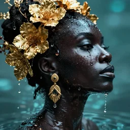 hyperrealistic precisionist cinematic profile very expressive! black oshun goddess, in water! up to shoulders, mirror dripping droplet!, gold flowers, highly detailed face, digital art masterpiece, smooth eric zener cam de leon, dramatic pearlescent turquoise light on one side, low angle uhd 8 k, shallow depth of field, fashion photography