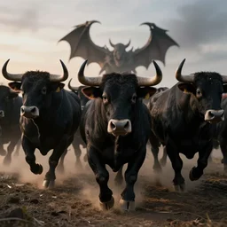 realistic photo first person perspective, demonic evil black bulls stampede towards camera, attacking and chasing me, dramatic lighting, early evening, professional photography, high detail, cinematic lighting, unreal engine