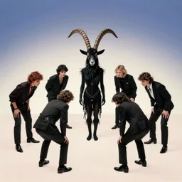 A group of millennial hipsters performing a Satanic ritual and bowing before a satanic goat-person in the style of Corporate Memphis, Alegria style, Buck Studios artwork, gradients, simple, minimalist, medium shot