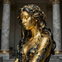 dark beauty by billelis + gold and marble sculpture, gold filigree, kintsugi, vines dripping black iridescent liquid, moody, dramatic, introspective, marble columns in background, transcendent, vibrant color, clean linework, finely detailed, 4 k, trending on artstation, photorealistic, volumetric lighting, octane render