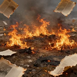 burning landscape with torn pages strewn around, painted by giger, octane render, 4 k