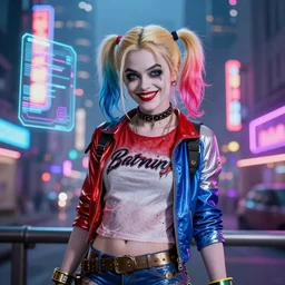 harley quinn standing, cyberpunk setting, soft smile, city background, neon signs, nice view, holographic signs, 4k, digital art