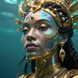 hyperrealistic cybernetic cinematic bioluminescent very expressive! oshun goddess underwater, whole body, gold jewerly, highly detailed face, digital art masterpiece, smooth eric zener cam de leon, dramatic pearlescent turquoise light on one side, low angle uhd 8 k, shallow depth of field