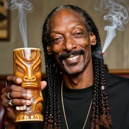 a closeup photorealistic photograph of happy blunt smoking snoop dogg at trader vic's bar holding up a trader vic's style tiki mug featuring snoop dogg's face. tiki culture. bright scene. 4 k hd image that's trending on artstation, featured on behance, well rendered, extra crisp, features epic composition and the style of unreal engine.