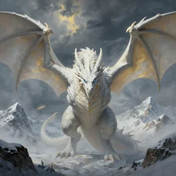 white dragon, big wings, long lens, wide angle, greg rutkowski, drark, marvel comics, dark, plutus su, chris scalf, lucas graciano, billy christian, symmetrical, snowy mountains, atmospheric haze, blue eye, grey and gold color palette, painting, d & d, fantasy, detailed, realistic, complimentary colors, light, artstation, cinematic, dramatic lighting, close up, storm clouds