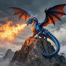 a blue dragon breathing fire on the top of a mountain, epic composition, detailed and intricate image, cinematic, 4 k