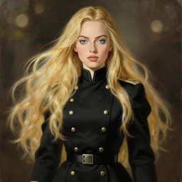baroque oil painting margot robbie ln illustration concept art lotr anime key visual portrait long flowing blonde hair blue eyes symmetrical perfect face fine detail delicate features quiet gaze fitted black military uniform gapmoe kuudere bokeh trending pixiv by victo ngai fanbox by greg rutkowski makoto shinkai takashi takeuchi studio ghibli