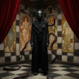 extremely detailed movie shot closeup portrait of a dark bizarre figure standing in the corner of a checkerboard checkerboard checkerboard room by denis villenueve, arnold bocklin, lovecraft, amano, alphonse mucha, franz von stuck, david lynch, tentacles, dynamic composition, crimson drapes, 4 k details octane render