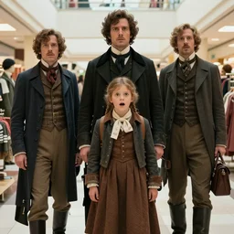 sharp, highly detailed, still from a sci fi blockbuster color movie made in 2019, a family of time travelers from 1860 who travel in time to 2019, appearing in a shopping mall, looking surprised, the family are all wearing 1860s era clothes, good lighting, in focus, 35mm f/1.4L lens