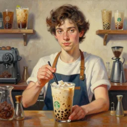 stunning portait of the vegan iced boba barista, intricate details, digital art by rob gonsalves, oil on canvas by ivan shishkin