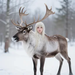 reindeer human cosplay in snow 85mm photography