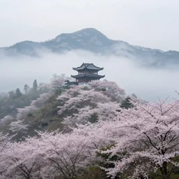 chinese landscape of mountains in fog with sakura trees