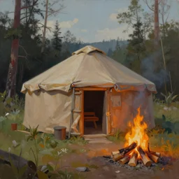 a beautiful painting of a round sweat lodge hut near a campfire, matte painting, trending on artstation, art by christophe vacher