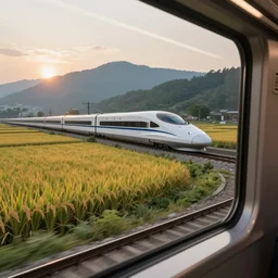 epic rice fields and mountains octane render beautiful render global illumination view from inside the high speed train of taichung, taiwan, 6 pm sun, slightly desaturated