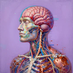 a beautiful glitched painting by robert proch of an anatomy study of the human nervous system and human brain, color bleeding, pixel sorting, copper oxide and rust materials, brushstrokes by jeremy mann, cold top lighting, pastel purple background