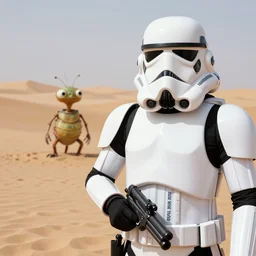 close up of flik ( a bug's life ) best cosplay as a stormtrooper ( star wars ), holding a blaster in a still of star wars episode iv a new hope ( 1 9 7 7 ), by george lucas, tatooine dune sea background