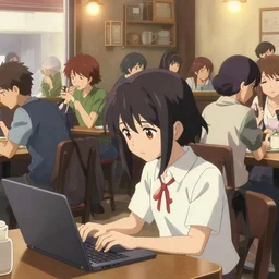 makoto shinkai anime art, crowded cafe, typing on laptop, touhou project