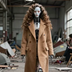 robot runway model, hyper detailed ultrasharp beautiful, robotic face, long curly hair, wearing a long tan coat, high fashion, haute couture, cluttered abandoned warehouse environment, dramatic lighting, octane render, 8 k