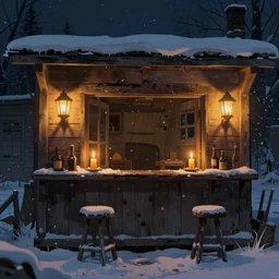 on a snowy night, the lights of candles were burning in an abandoned wooden house bar. the retro wall lights on the wooden wall radiated warm light, and the snow fell. lonely atmosphere, cool tone, film narrative lens, trending on artstation, illustrated by greg rutkowskia, 4 k digital art, the style of borderlands 2