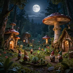 mushroom houses with gnomes working the gardens, fantasy, epic landscape, black forest region, cinematic, octane render, art station, dramatic lighting, beautiful moonlight night, concept art, rococo, photorealistic, intense detail, 8 k