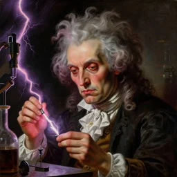 a baroque neoclassicist close - up portrait of a retrofuturistic evil mad scientist with crazy hair experimenting in a dark laboratory with purple pink and orange lightning. renaissance portrait painting. highly detailed science fiction painting by norman rockwell, frank frazetta, and syd mead. rich colors, high contrast, gloomy atmosphere, dark background. trending on artstation