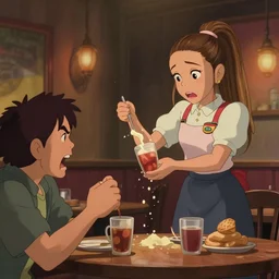 a wholesome animation key shot of ariana grande as a waitress embarassed as she spills drinks all over customer keanu reeves who becomes furious in a restaurant, studio ghibli, pixar and disney animation, sharp, rendered in unreal engine 5, anime key art by greg rutkowski, bloom, dramatic lighting