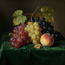 a painting of fruits on a dark green velvet fabric on a table : red, yellow and black grapes, grape vines, peaches, walnuts, a still life, by jan davidsz. de heem, dark tones, pixabay contest winner, baroque, chiaroscuro, oil on canvas, flemish baroque