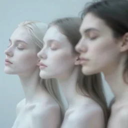 out of focus photorealistic portrait of beautiful aesthetic pale women and men by sarah moon, very blurry, translucent white skin, closed eyes, foggy