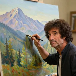 a closeup photorealistic photograph of bob ross adding the finishing touches to a canvas painting of kenny powers. mountains and trees. film still. brightly lit scene. this 4 k hd image is trending on artstation, featured on behance, well - rendered, extra crisp, features intricate detail, epic composition and the style of unreal engine.