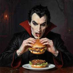 Dracula eats a Hamburger, gothic painting