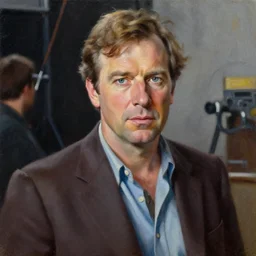 realistic portrait of richard widmark in color on a movie set, oil painting