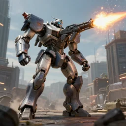 six meter tall mech firing a minigun in a city, action scene, unreal engine screenshot, action game, octane render, trending on artstation