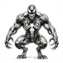 symmetry concpet art, full shot, traditional ink, sketch, of venom, line sketch, intricate, elegant, highly detailed, monochrome, digital painting, artstation, concept art, sharp focus, illustration, art by borderlands 3 and peter polach