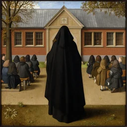 a cloaked figured standing in front of a school, by early netherlandish painting,