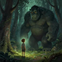 a boy in a enchanted dark forest with a big troll standing in front of him, fable, trending on artstation, style of hans gude, digital painting