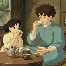 buddhism, drinking tea, in the style of studio ghibli, j. c. leyendecker, greg rutkowski, artem