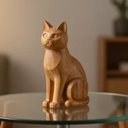 wooden statue of cat on glass table with ambient light