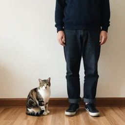 a man standing. 1 m to his left sits a cat