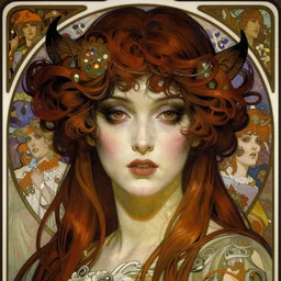 realistic detailed face portrait of a Ethereal Nightmare Queen by Alphonse Mucha, Ayami Kojima, Amano, Karol Bak, Greg Hildebrandt, and Mark Brooks, Art Nouveau, Neo-Gothic, gothic, rich deep colors
