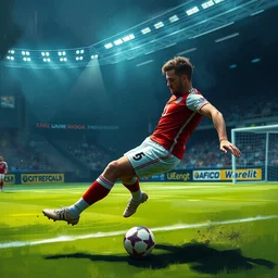 a realistic hyperdetailed multi - colored digital oil full body portrait painting of a soccer player scoring a goal in the style of guy denning, ruan jia, and craig mullins. trending on artstation and deviantart. cgsociety digital art