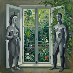 window, garden, surreal by dan mumford and umberto boccioni, oil on canvas