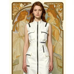 a realistic portrait by norman rockwell and alphonse mucha of a russian girl detailed features wearing a cargo wedding dress - sporty, sleek, tech utility - chic trend. lots of zippers, pockets, synthetic materials, jumpsuits chic'techno fashion trend by issey miyake and balenciaga
