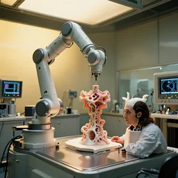 a complex bifurcated robotic cnc surgical arm cybernetic symbiosis. hybrid mri 3 d printer machine making organic ceramic fractal forms by wayne barlowe and beeple in the glass room laboratory with control panels, golden hour lighting, film still from the movie directed by denis villeneuve with art direction by wayne barlowe and salvador dali, wide lens, f 3 2,