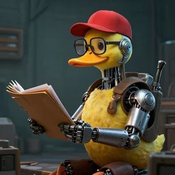 a sitting engineer duck with cybernetic enhancements wayfarer glasses and red baseball cap is holding on a bunch of folders and files investigating, scifi character portrait by greg rutkowski, esuthio, craig mullins, 1 / 4 headshot, cinematic lighting, dystopian scifi gear, gloomy, profile picture, mechanical, half robot, implants, steampunk
