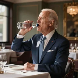 Joe Biden drinking out of a water bottle in an fancy restaurant