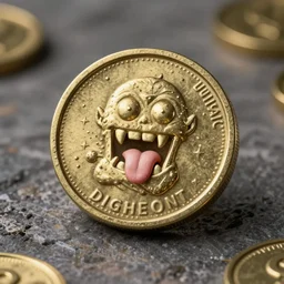 small monster that looks like a pound coin, on a stone floor, dungeons and dragons art, high quality digital art, high detail, tongues and teeth