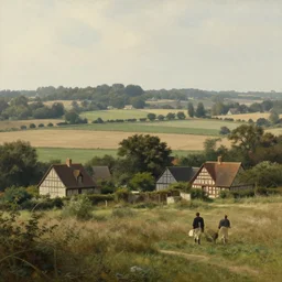 artwork of the cinematic view of normandy with a couple of scattered small half - timbered houses in fields by caspar david friedrich, landscape view, depth of field, trending on artstation, background, nature