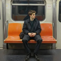 a beautiful painting of a man sitting in a subway seat, rutkowski, concept art, cinematic lighting