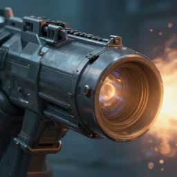 cyberpunk detail view of big gun firing from barrel, detail, atmospheric lighting, painted, intricate, golden hour, ultra detailed by peter gric, giger, enki bilal